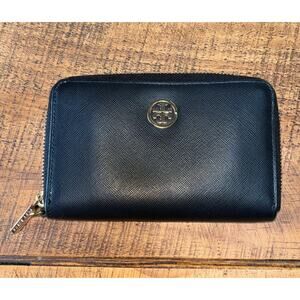 Tory Burch Black Gold Trim Zip Around Logo‎ Wallet